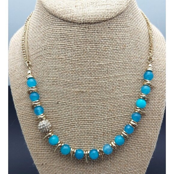 NWT Sequin Gold Tone & Blue Bead Collar Necklace Asymmetrical Paved Pendant 18" - Picture 7 of 10